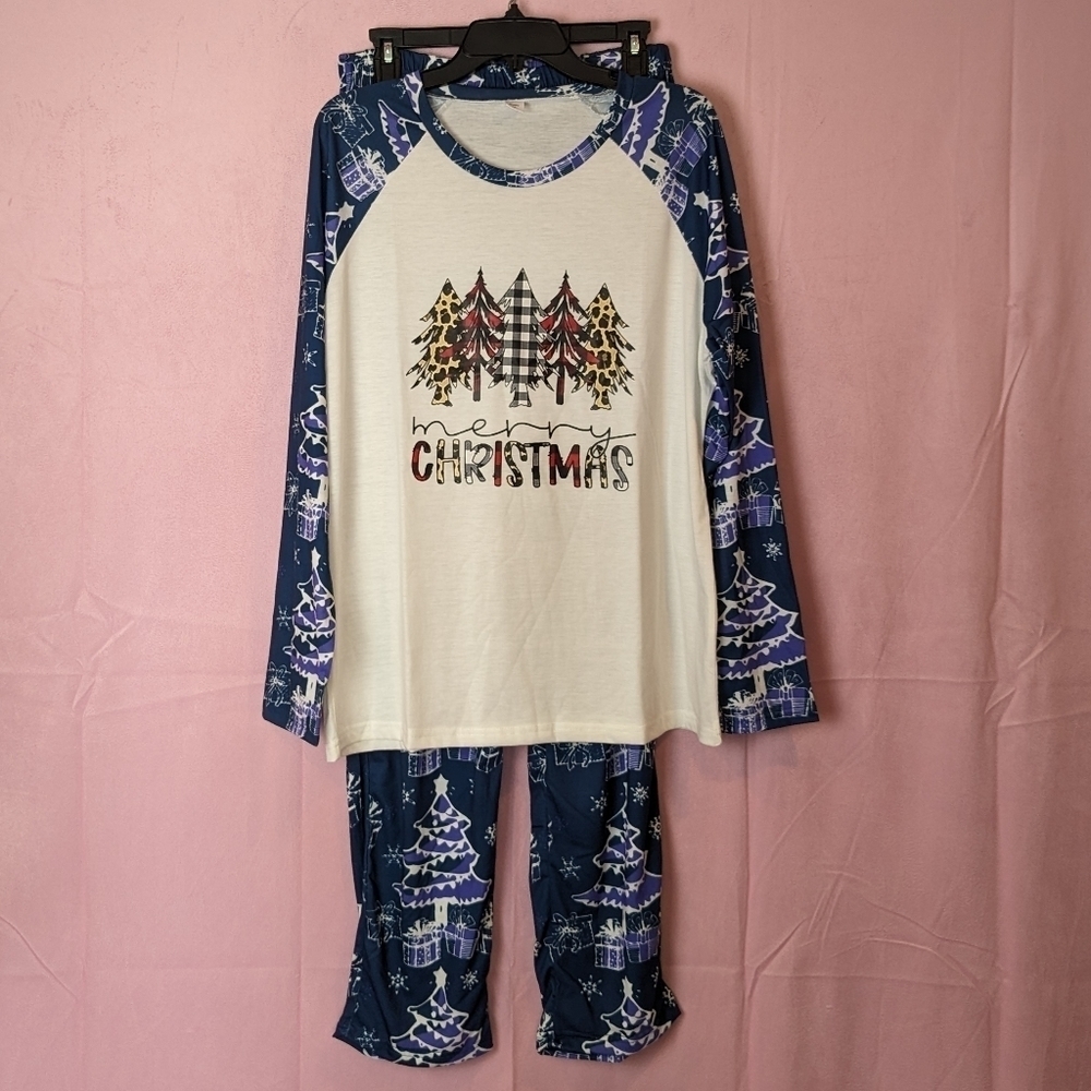 Merry Christmas Trees and Presents Blue and Purple Long Sleeve Pajamas Set